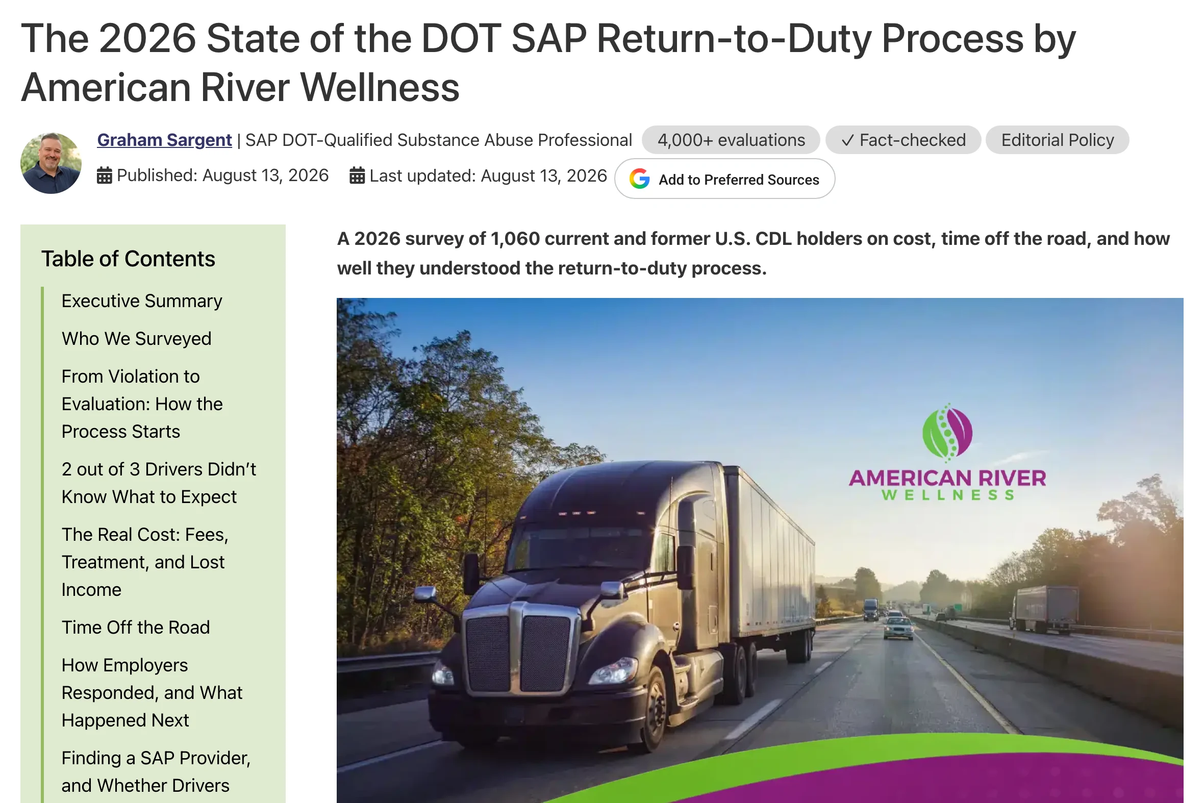 Screenshot of American River Wellness's article “The 2026 State of the DOT SAP Return-to-Duty Process”, with its lead photo of a semi-truck on a highway.