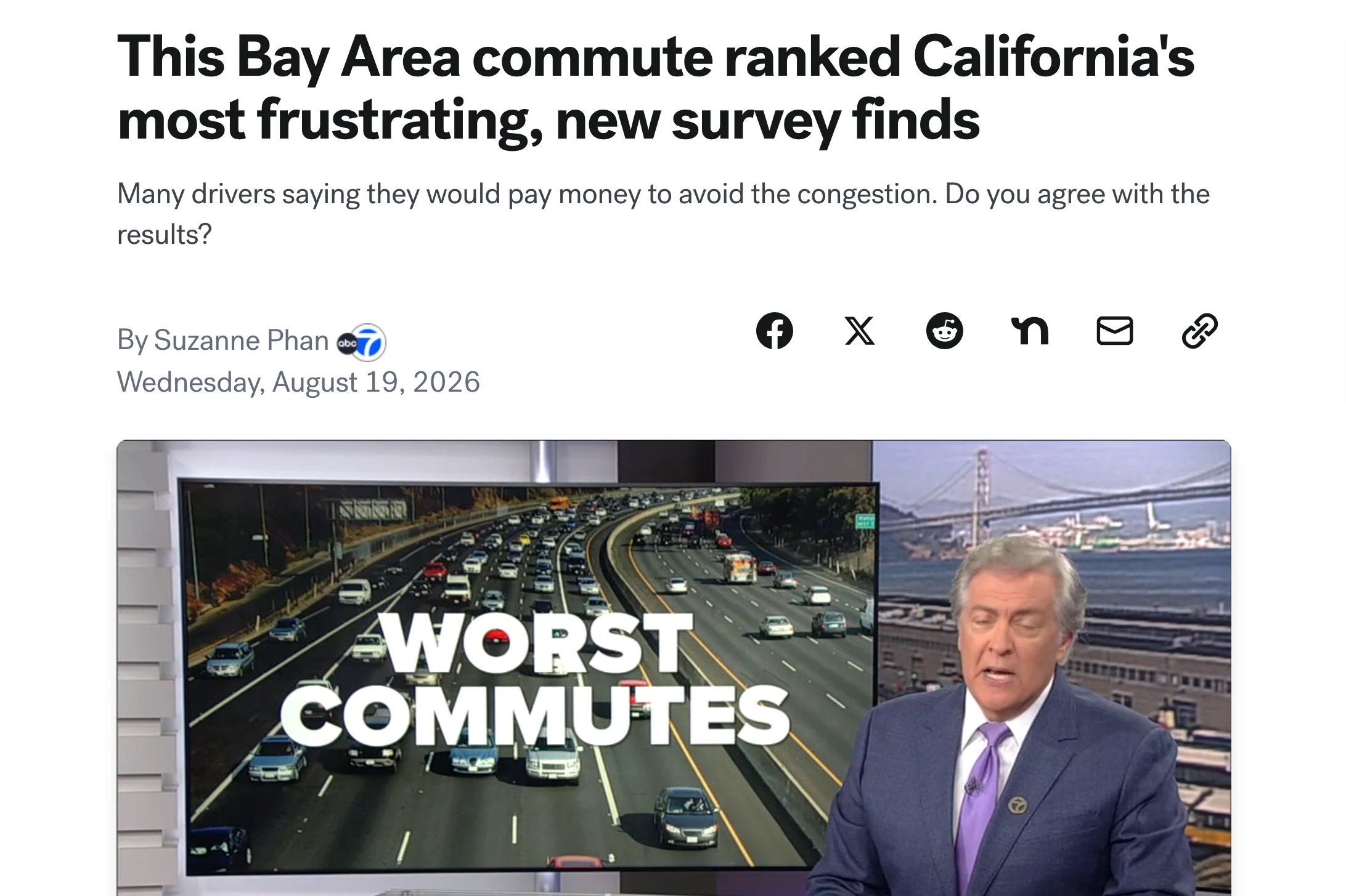 Screenshot of ABC7 News's article “This Bay Area commute ranked California's most frustrating, new survey finds”, with its “Worst Commutes” broadcast still.
