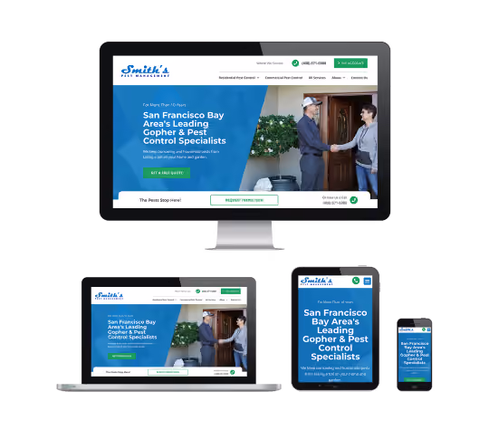 Responsive website for Smith's Pest Management shown on desktop, laptop, tablet and phone