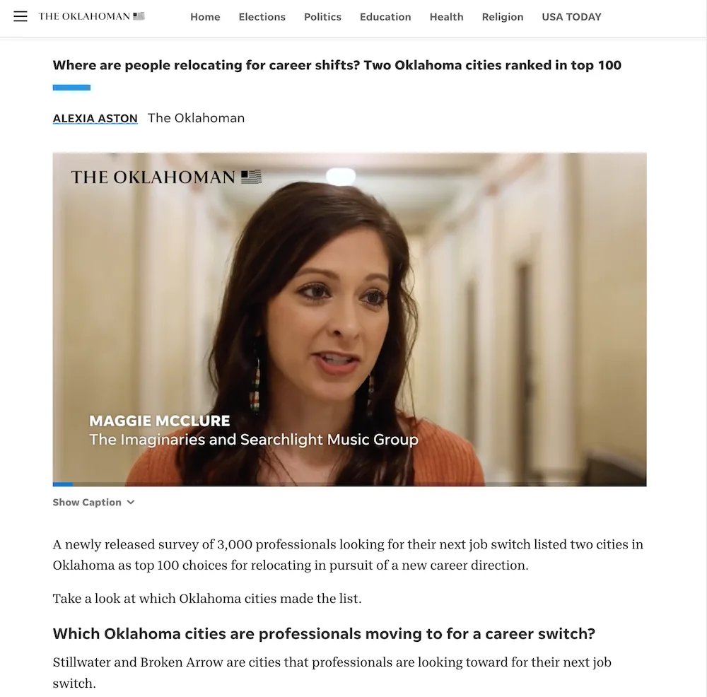 The Oklahoman article on where professionals relocate for a career change, based on a survey of 3,000 people.