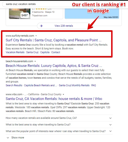 Google results for 'santa cruz vacation rentals' with a client, Surf City Rentals, ranking first.