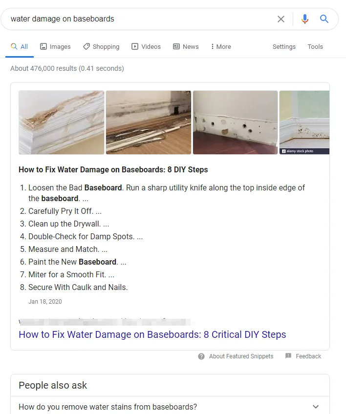 Google featured snippet for 'water damage on baseboards', an example of water damage SEO results.