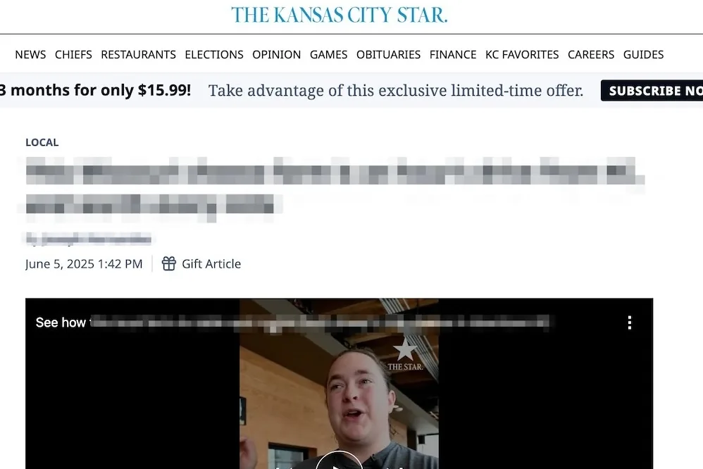The Kansas City Star article from one of our B2B campaigns (DR 83), June 2025.