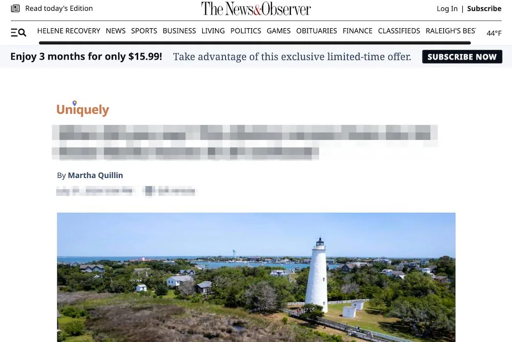The News & Observer article from one of our SaaS campaigns (DR 83).