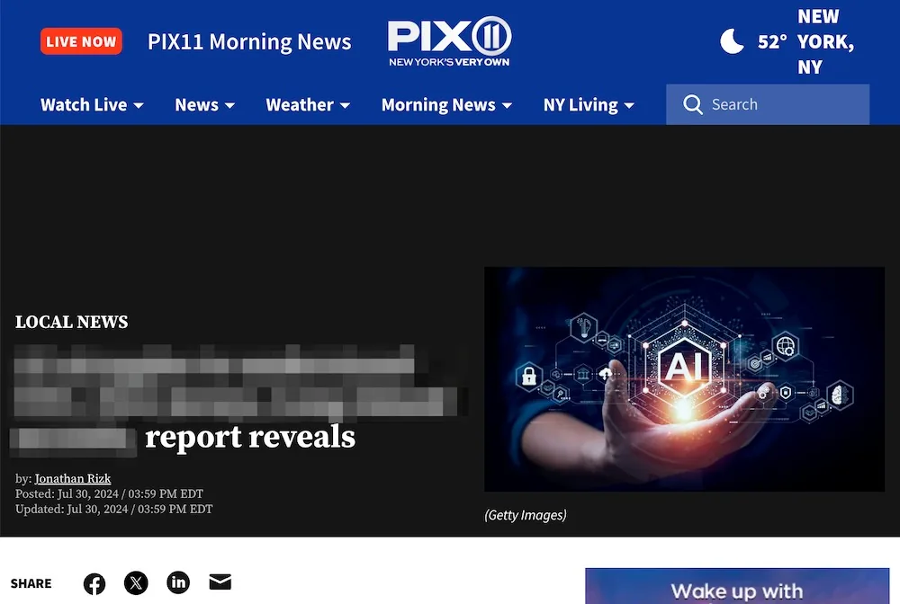 PIX11 local news story on a report from one of our SaaS campaigns (DR 80), July 2024.