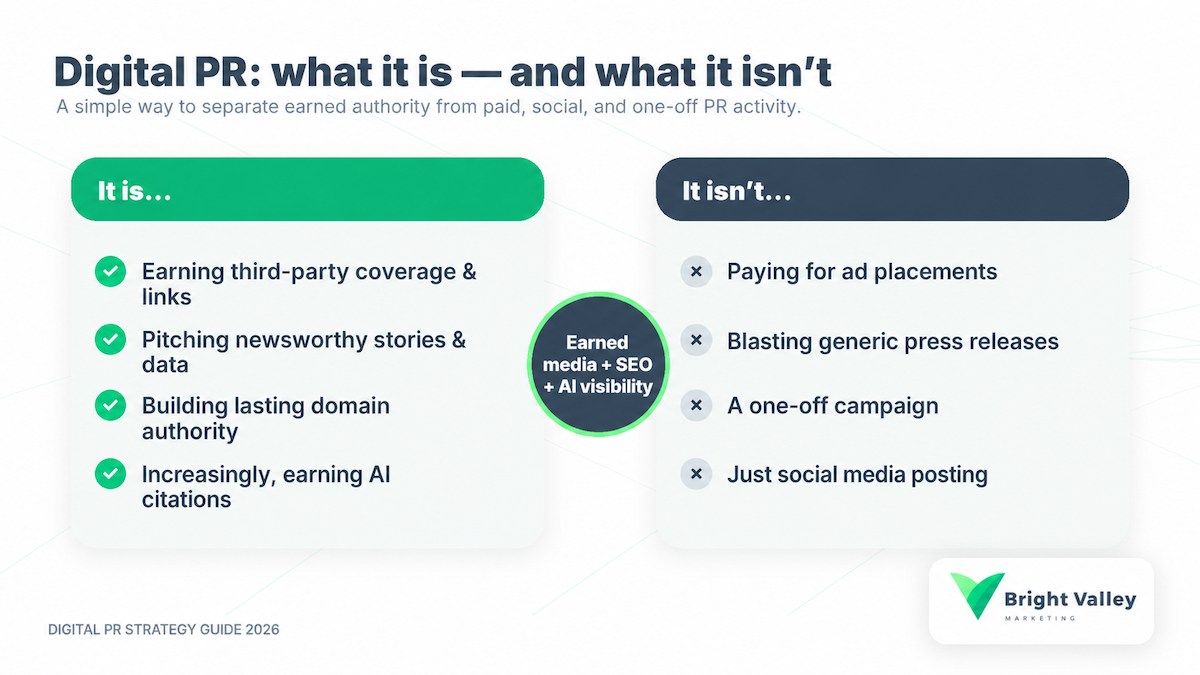 Digital PR is earned coverage, links, authority and AI citations, not paid ads, press-release blasts or one-off campaigns