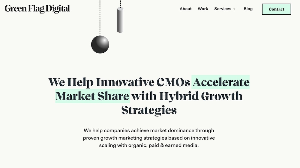Green Flag Digital's homepage: "We Help Innovative CMOs Accelerate Market Share with Hybrid Growth Strategies"