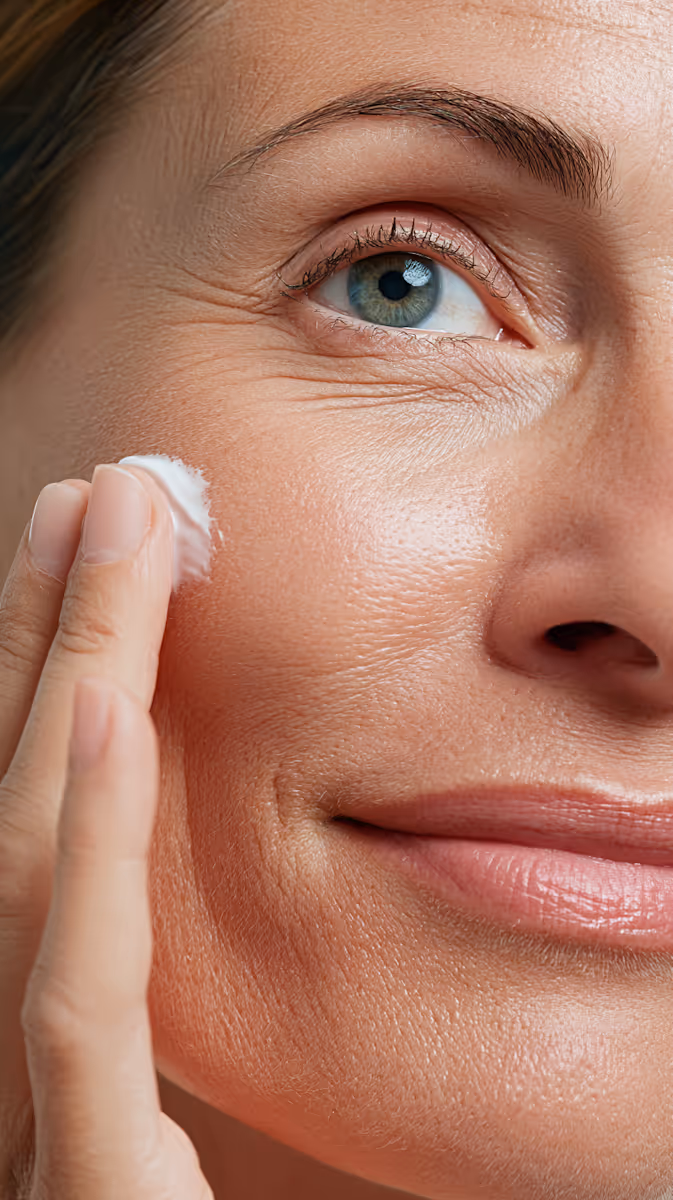 Close-up of a woman applying white cream to her cheek near her eye and smiling slightly.