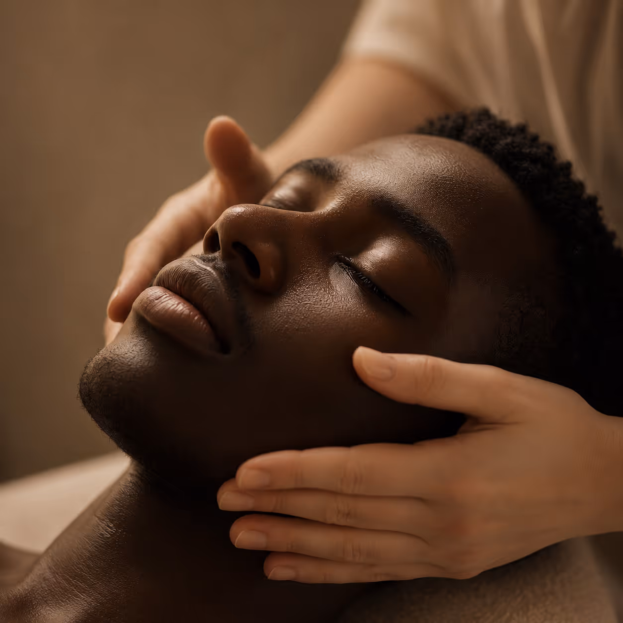 Close-up of a relaxed man with closed eyes receiving a facial skin consultation.
