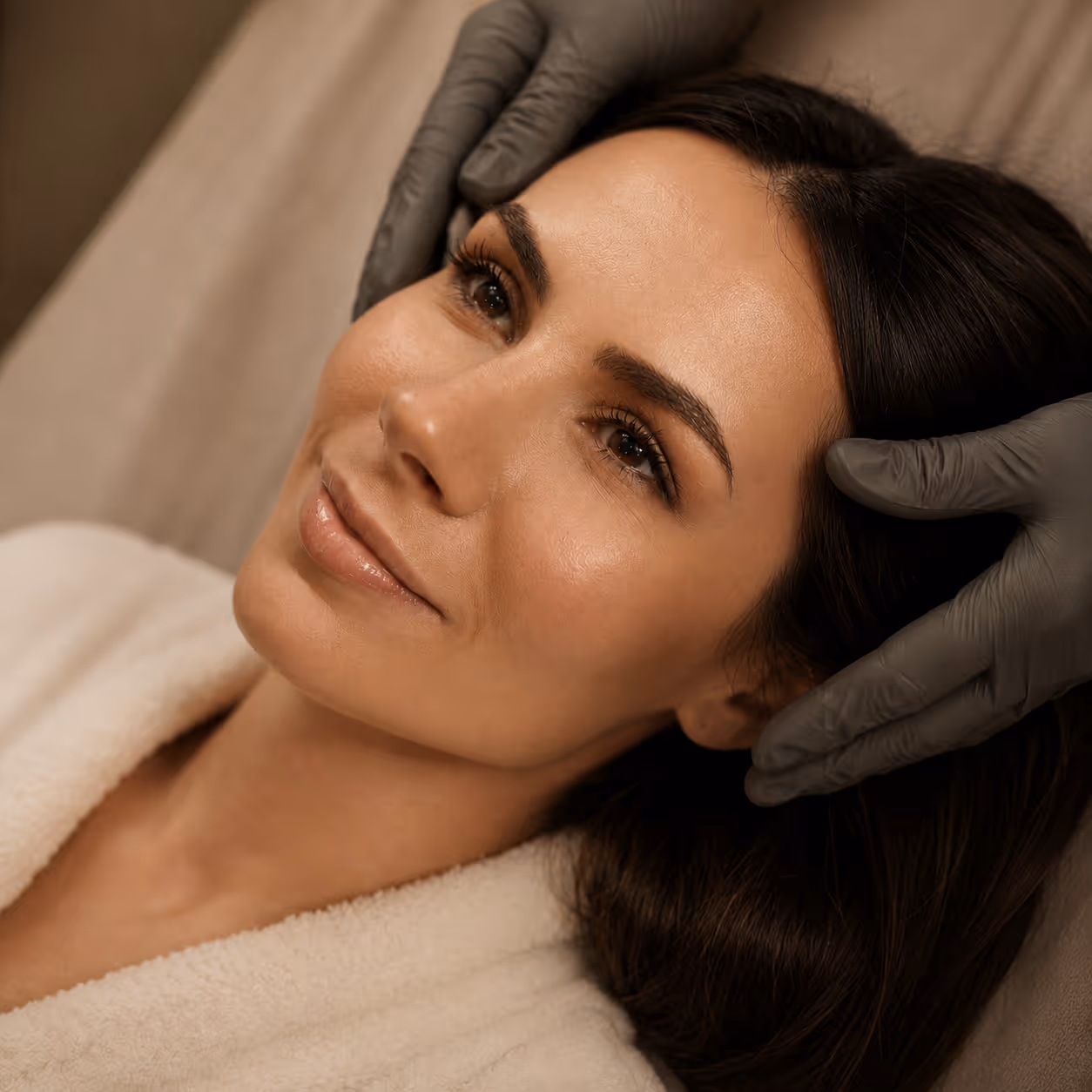 Woman with dark hair wearing a white robe in the consultation chair.