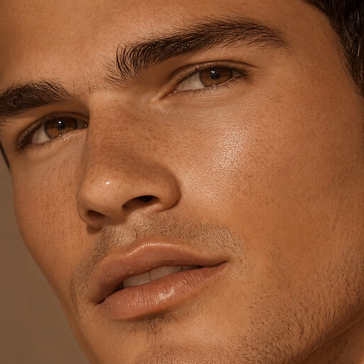 Close-up of a young man’s face showing smooth skin, brown eyes, and light facial hair.