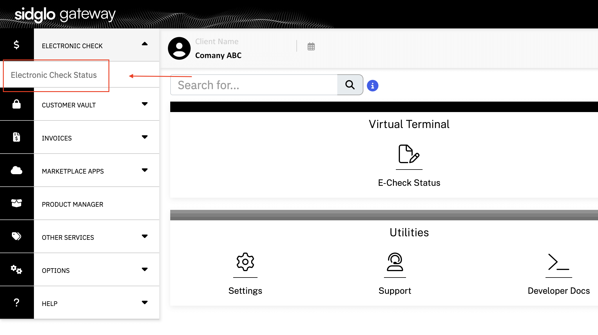 Image of Sidglo Gateway and second step on how to find ACH application.