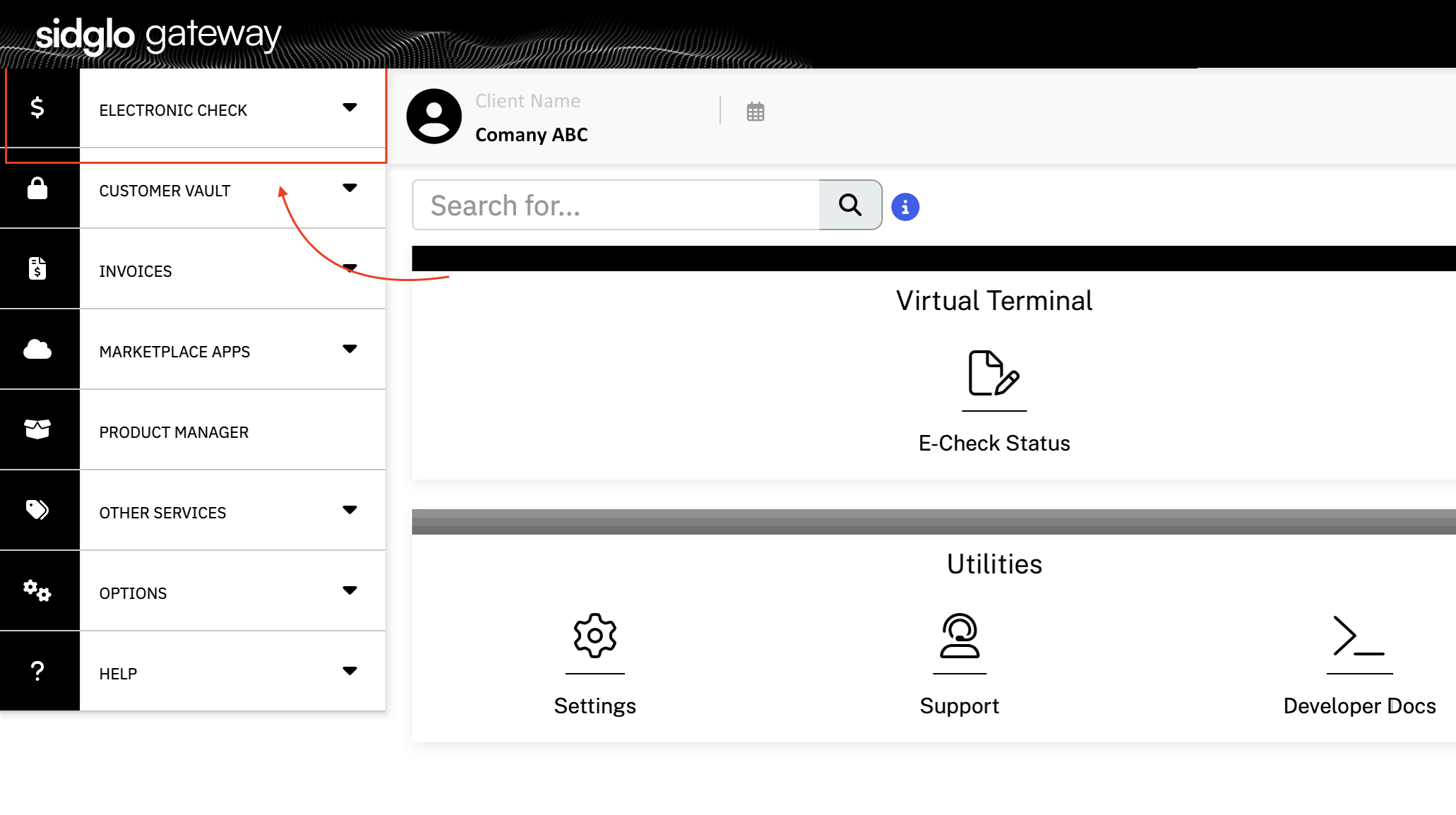 Image of Sidglo Gateway and first step on how to find ACH application.