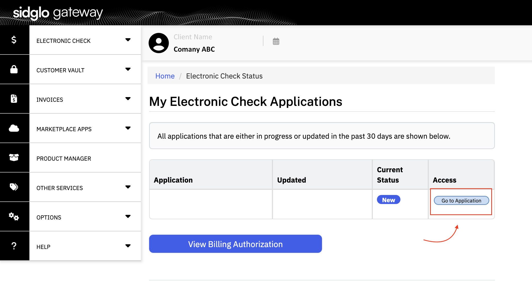 Image of Sidglo Gateway and final step on how to find ACH application.