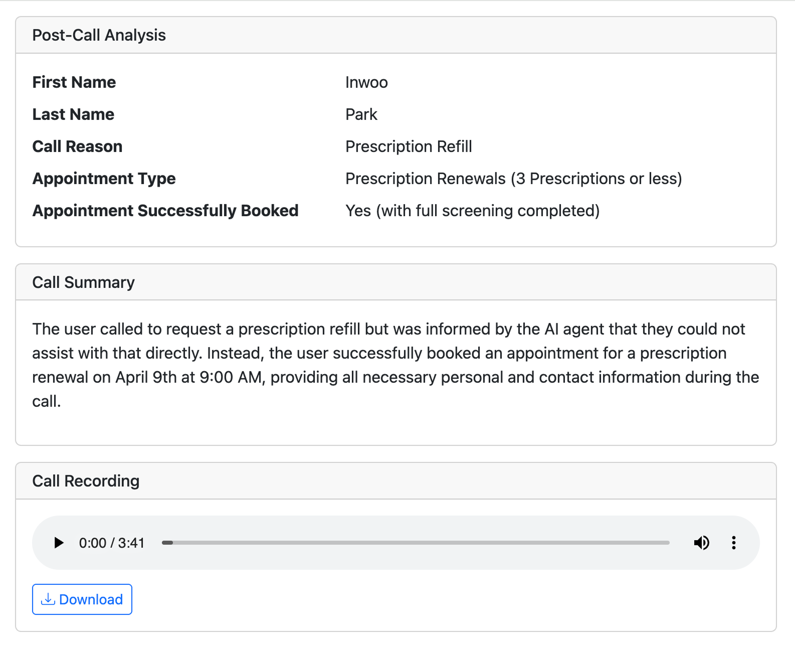Screenshot: AI voice agent handling a pharmacy phone call