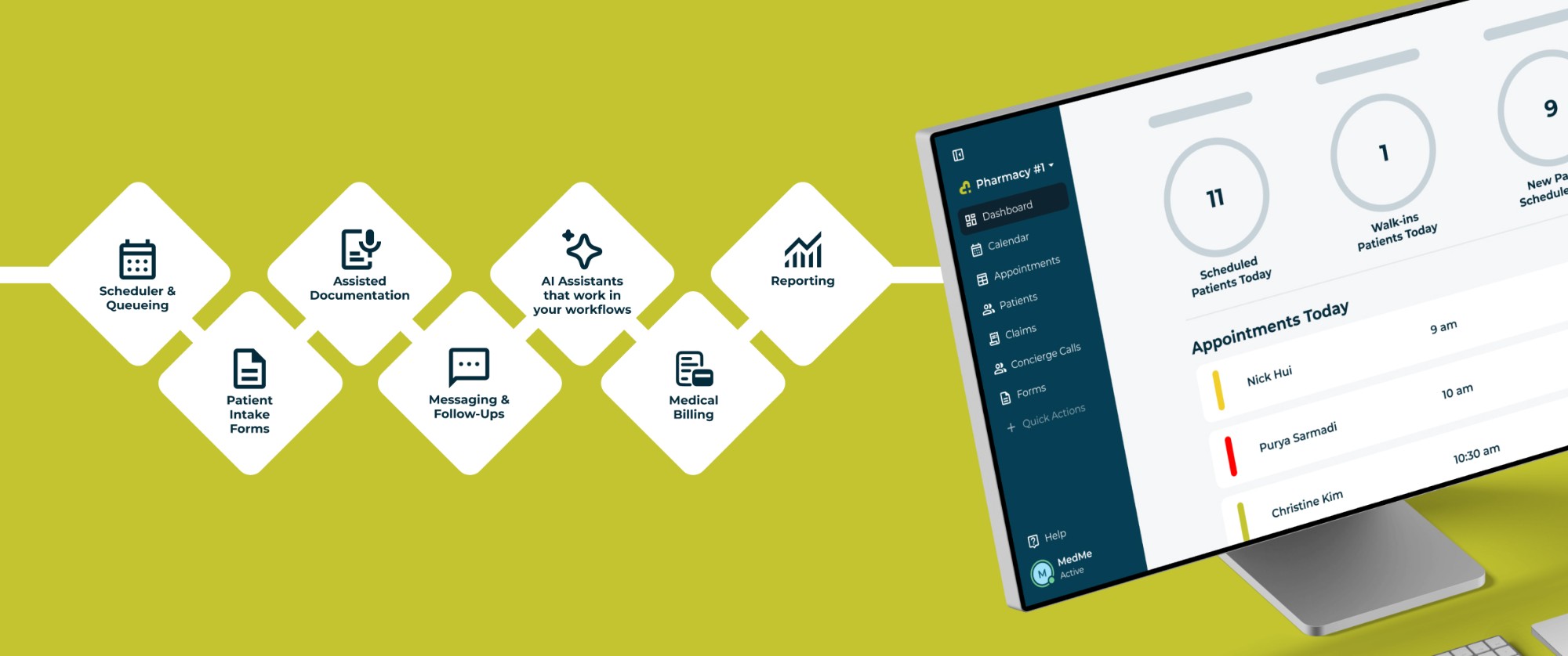 MedMe platform modules from scheduling and intake through billing and reporting, shown with the pharmacy dashboard