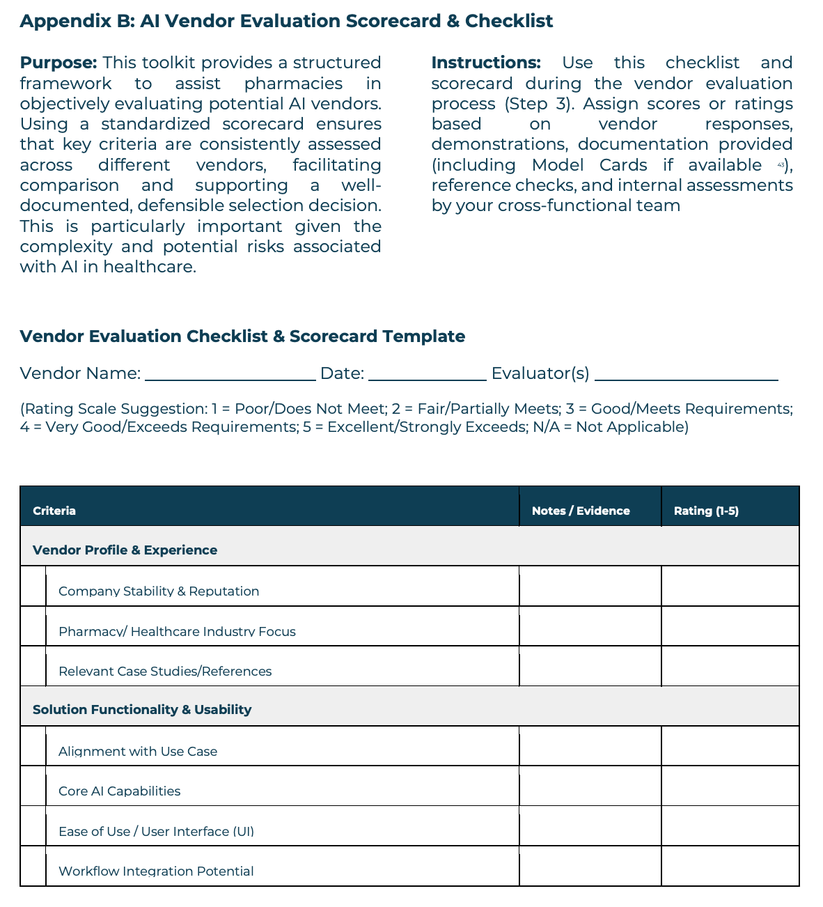 Appendix B vendor evaluation scorecard, page 1