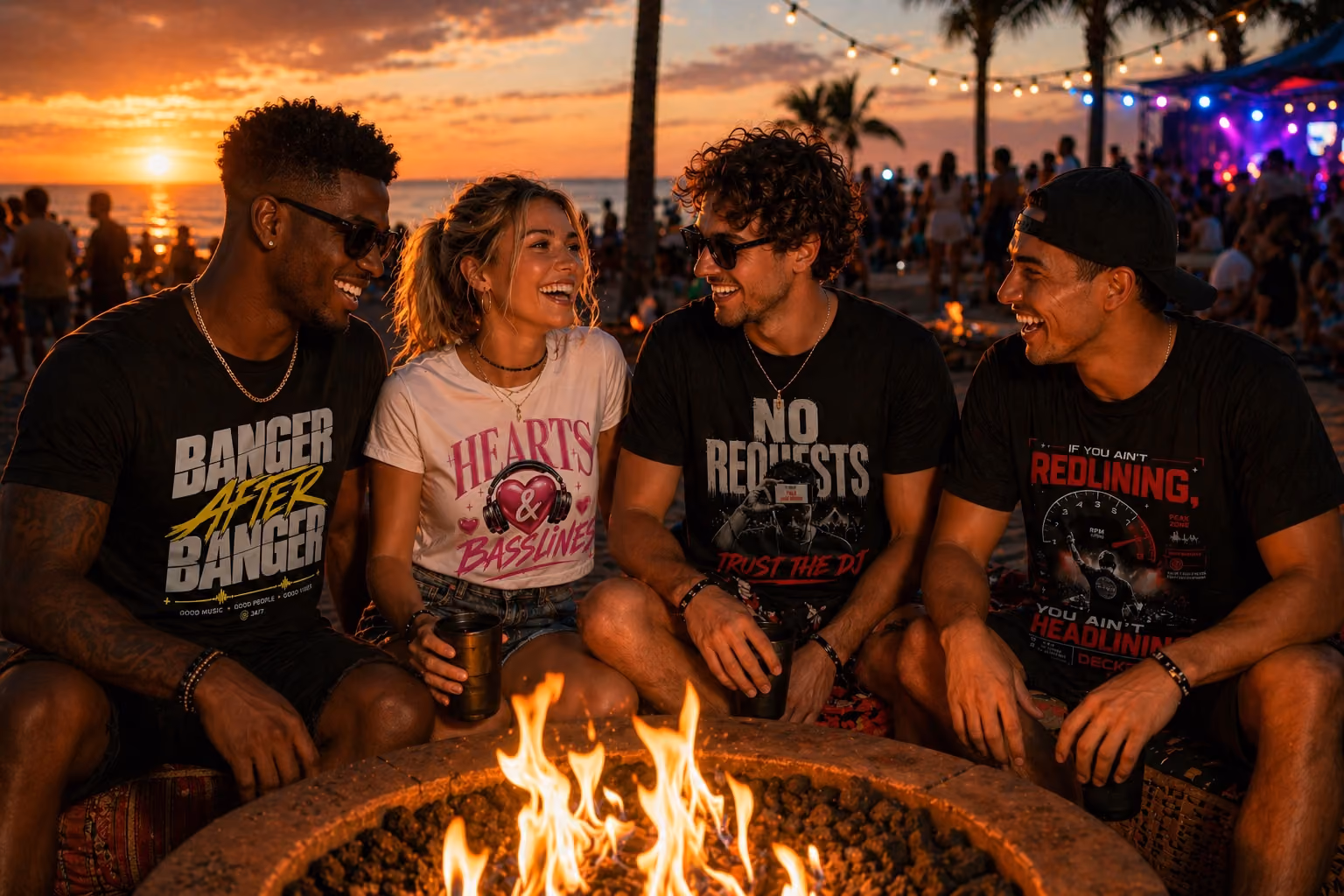 Four friends sitting around a fire pit at sunset, smiling and wearing graphic music-themed shirts.