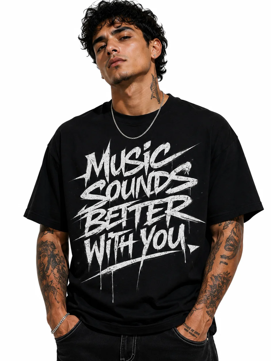 Man with tattoos wearing a black T-shirt reading 'Music sounds better with you' in white text.