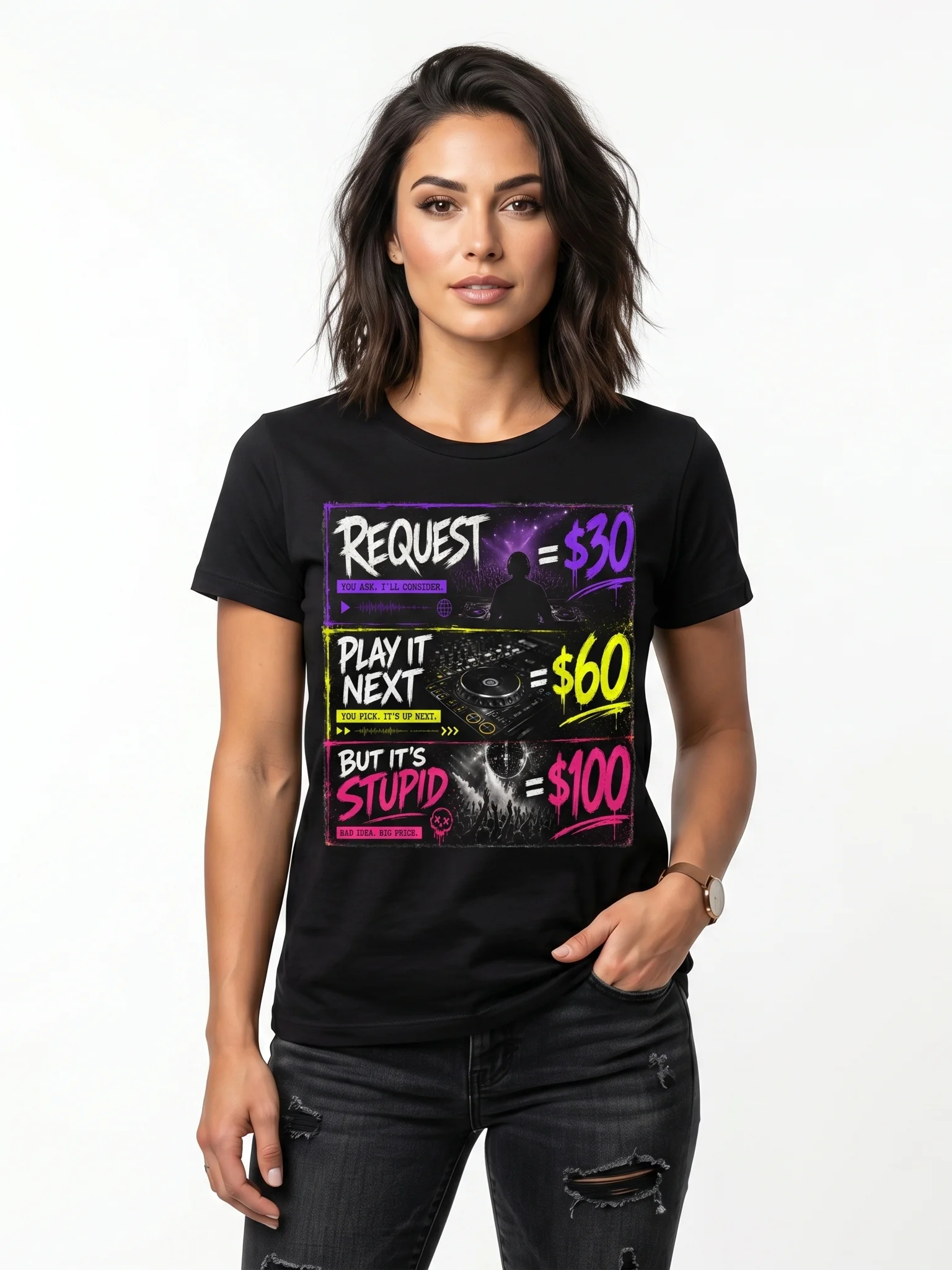 Woman wearing black T-shirt with colorful pricing text for song requests and DJ play options.
