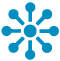 An abstract icon in blue depicting a central circle with multiple smaller circles connected to it by lines, radiating outward. It resembles a network or a hub with spokes, much like the complex routes in LTL shipping.