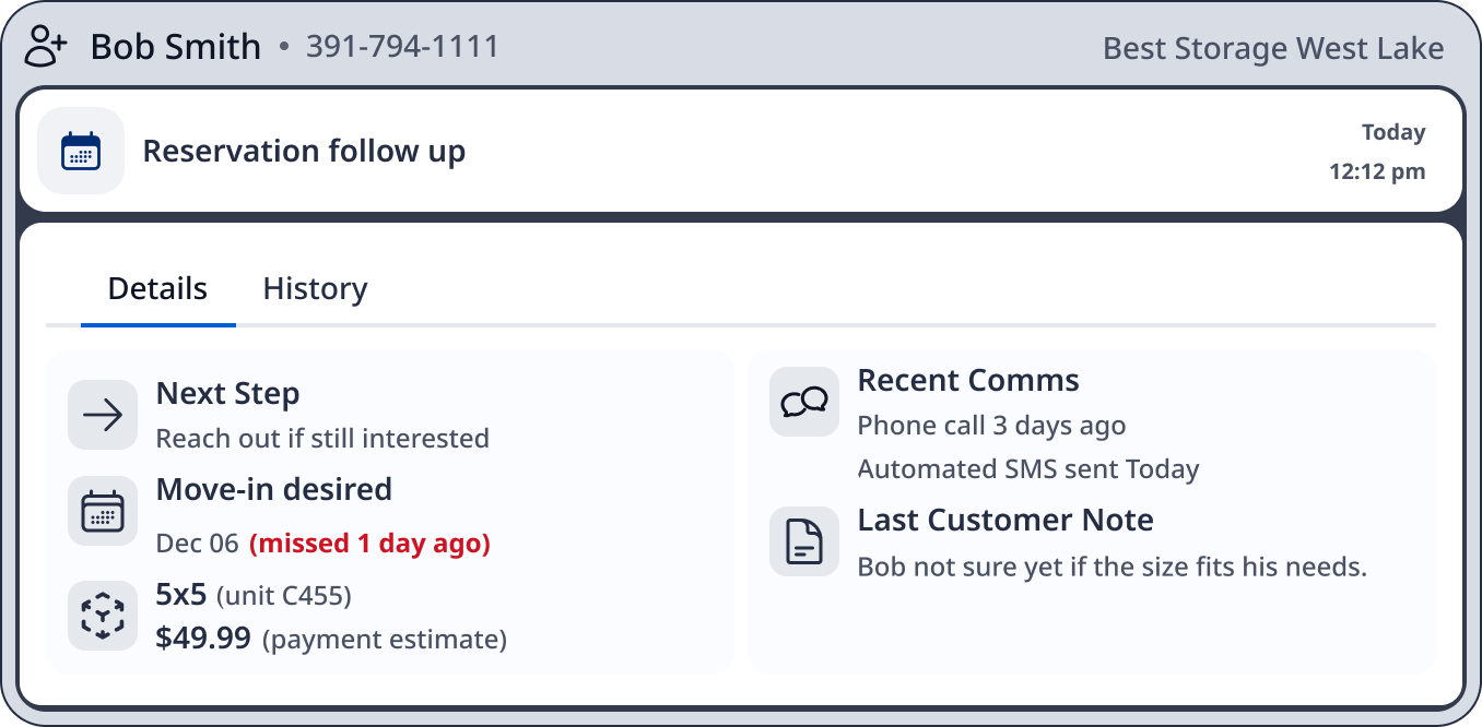Reservation follow-up card: next step, desired move-in date, unit, pricing, and recent comms