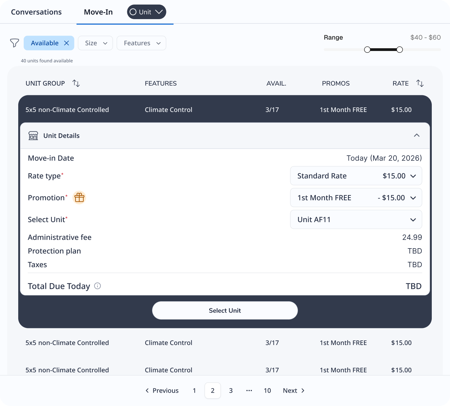 Move-in: unit details with rate, promotion, fees, and total due in Ease Connect