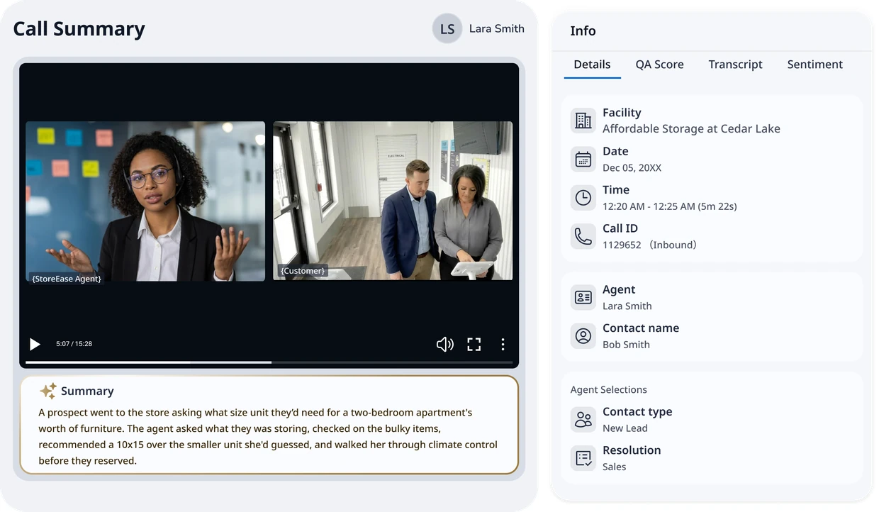 Call Summary screen with agent and customer video review, AI summary, and call details