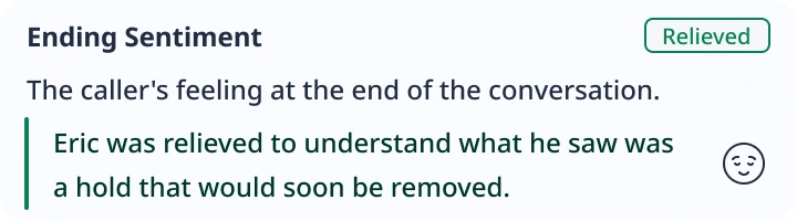 Ending sentiment, Relieved: Eric understood the second charge was a hold that would be removed