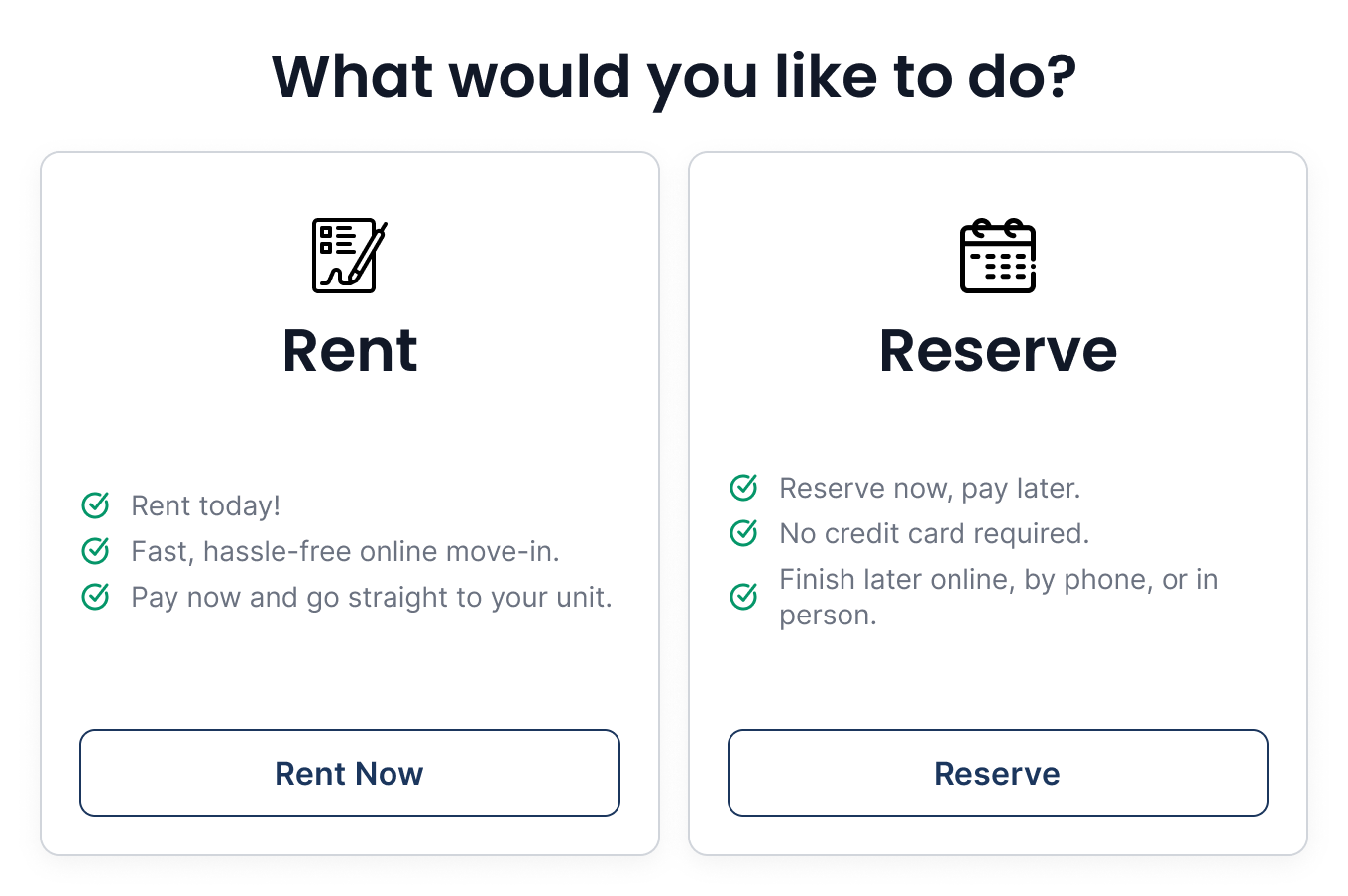 Rent today or reserve for later choice in the rental portal
