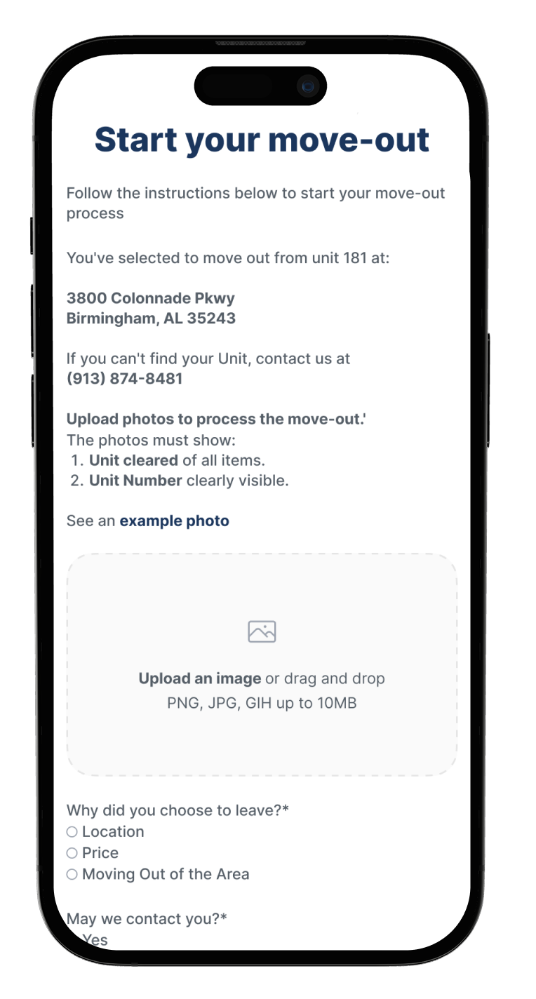 Tenant move-out flow on a phone: clear the unit and upload photos