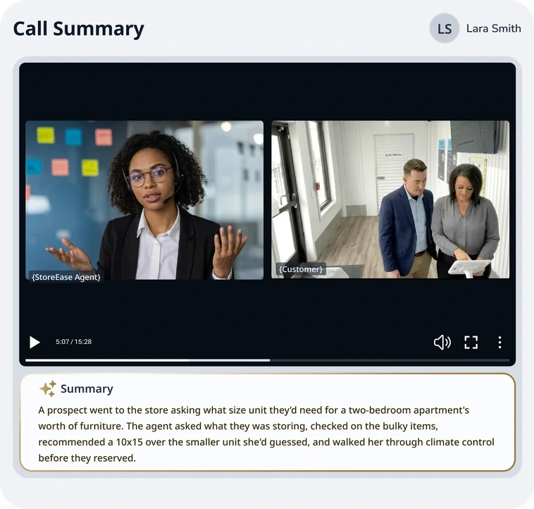Call Summary screen with agent and customer video review and AI summary