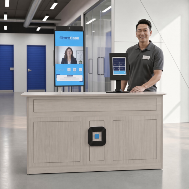 Virtual Console Flex deployed on an existing storage office counter, with a staff member standing beside it