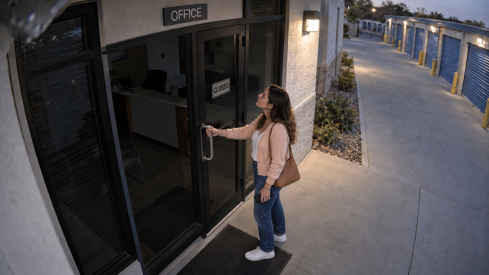 Security camera view of a customer at a closed self storage office door