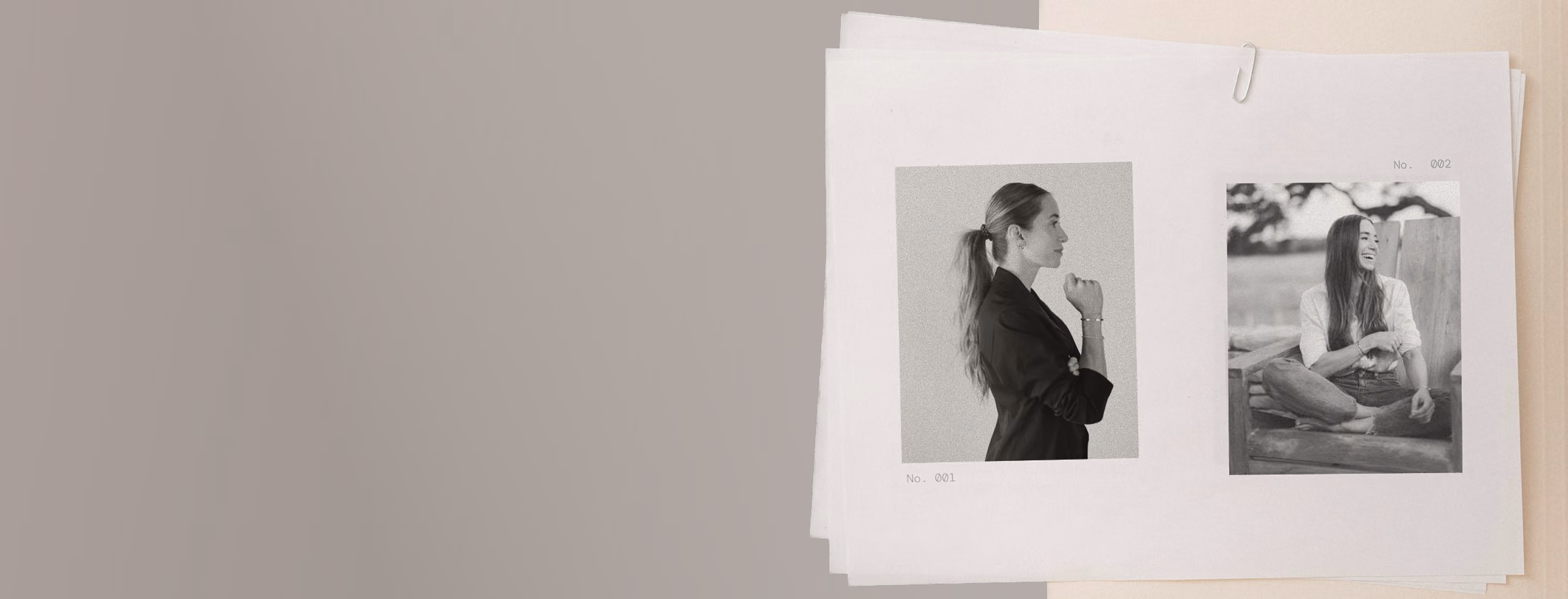 Two black-and-white photos on paper: left shows Kathryn Clorise in profile, right shows Kathryn Clorise seated and smiling outdoors.