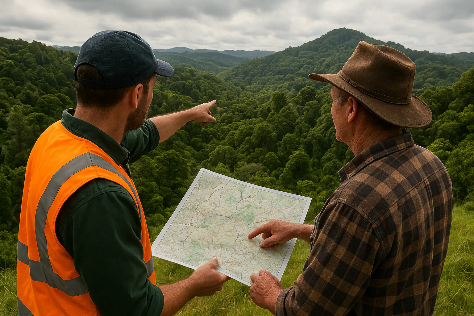 Forestry adviser and landowner reviewing a map above native forest