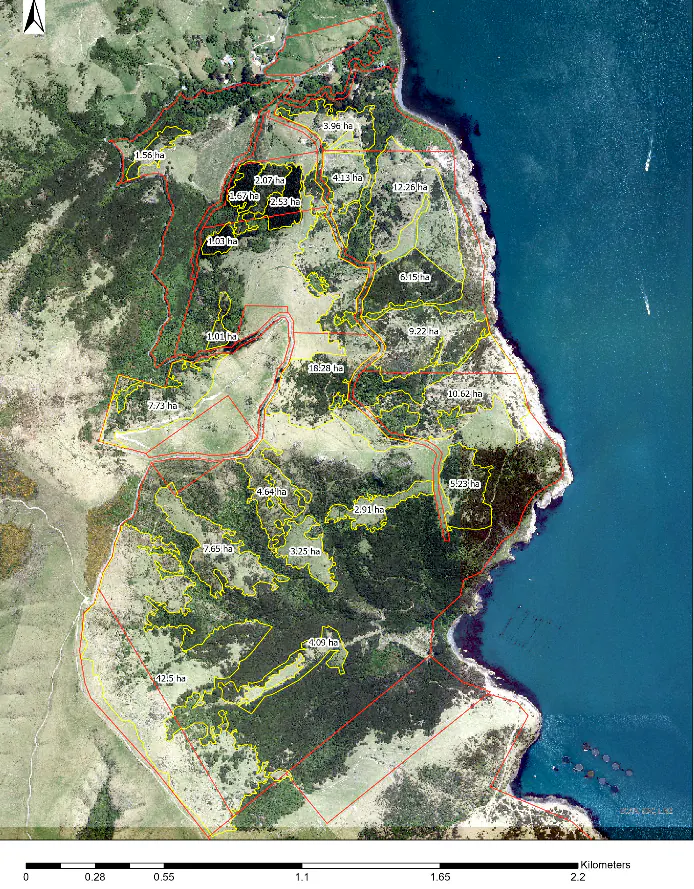 Purau Woodland restoration plan marked on an aerial map
