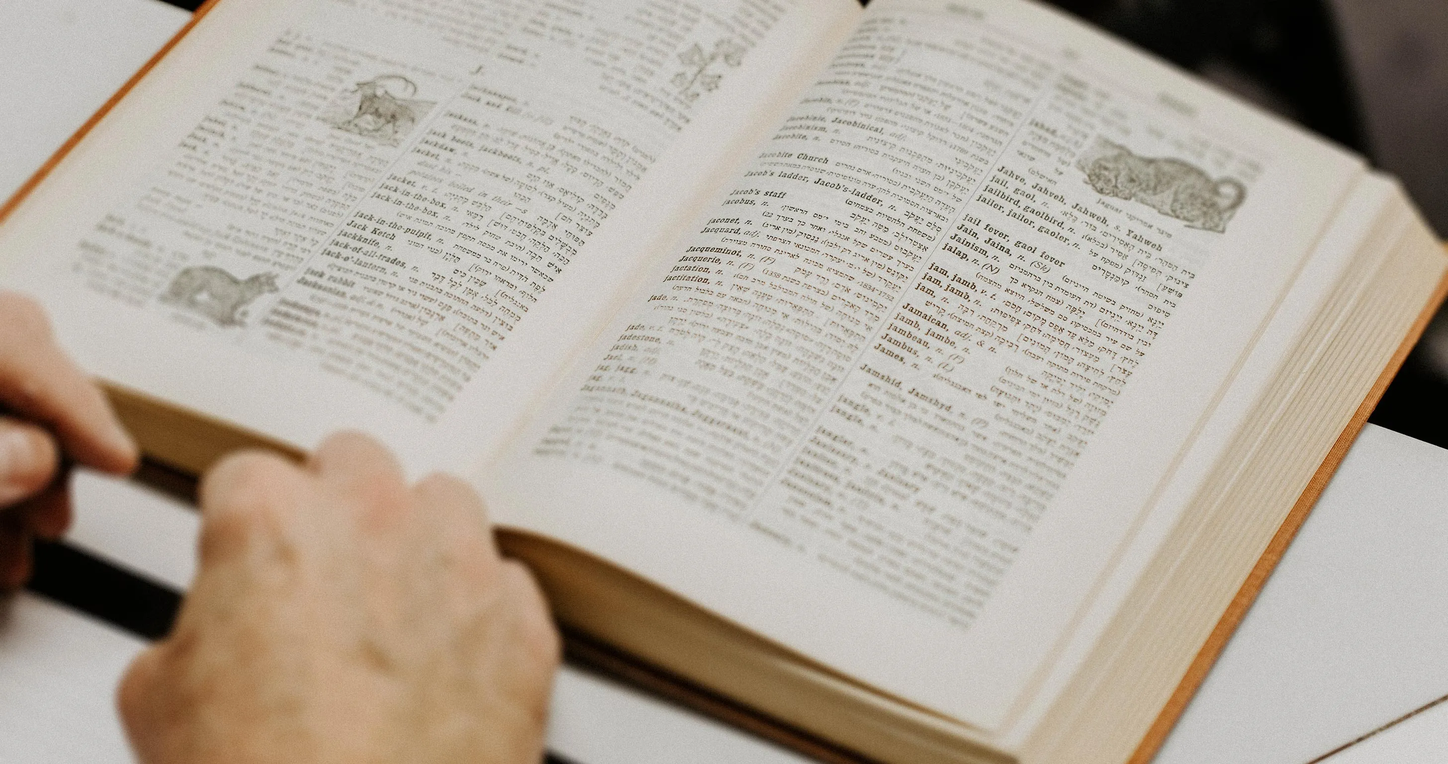 Close-up of hands turning pages in an old English–Hebrew dictionary with illustrated entries.