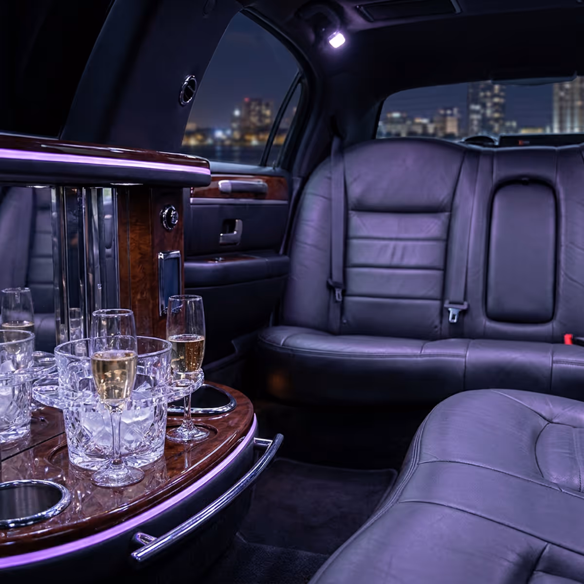 Interior of a luxury limousine with leather seats and glasses of champagne on a wooden table.