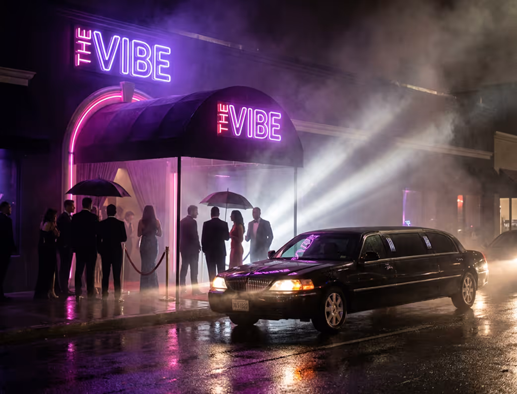 Black limousine parked outside a nightclub entrance with a neon sign reading 'THE VIBE' and people holding umbrellas.
