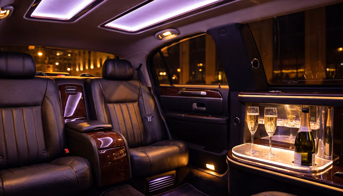 Interior of a luxury car with black leather seats, ambient lighting, and champagne with two glasses.