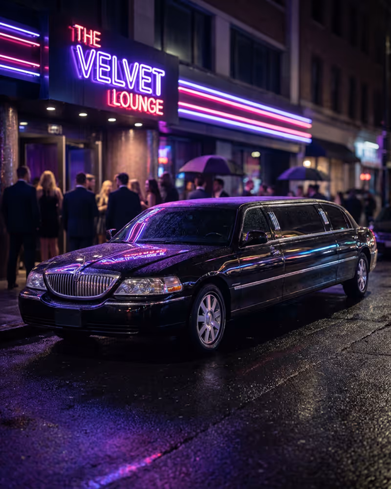 Black limousine parked outside The Velvet Lounge with people gathered under umbrellas at night.
