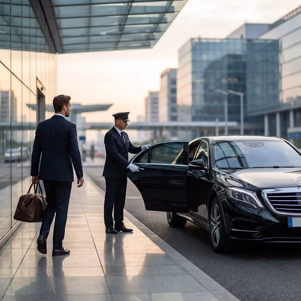 Chauffeur opening door of black luxury car for businessman carrying a leather bag on city street.