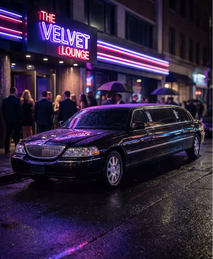 Black limousine parked on wet street at night outside The Velvet Lounge with people in background.