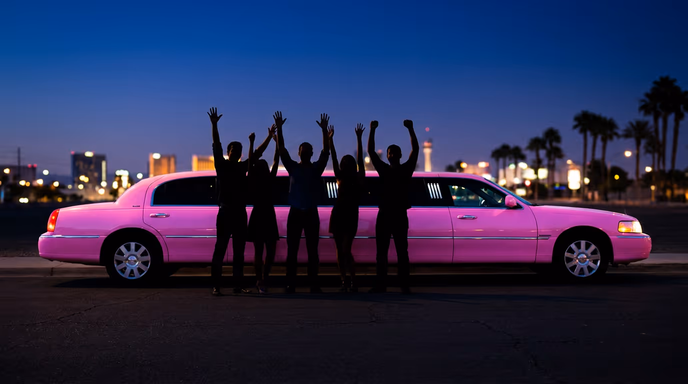 Silhouettes of five people with raised hands standing in front of a long pink limousine at dusk.