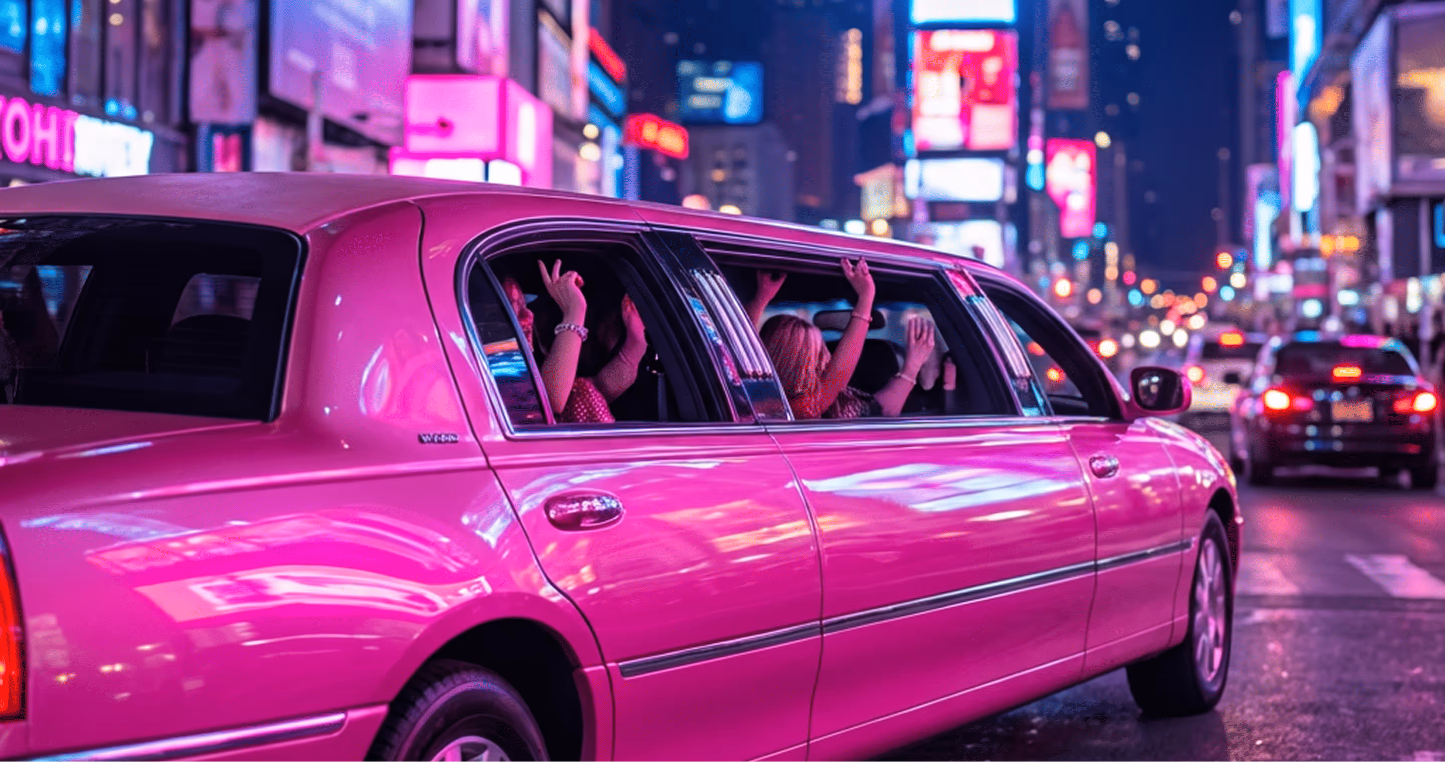 Bright pink limousine with passengers raising hands inside on a city street at night with colorful lights.