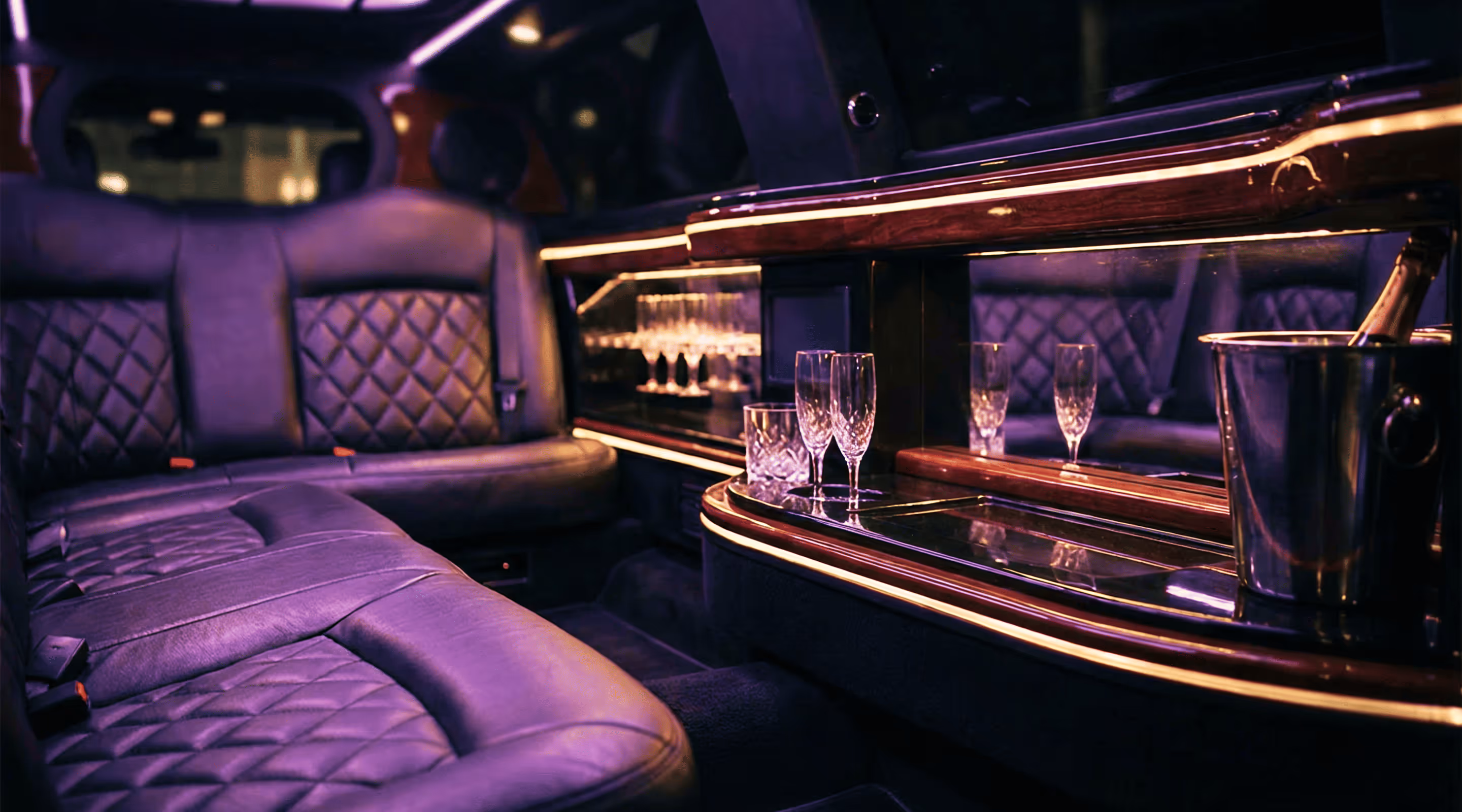 Interior of a luxury limousine with leather seats, champagne bucket, and glassware on side counter.