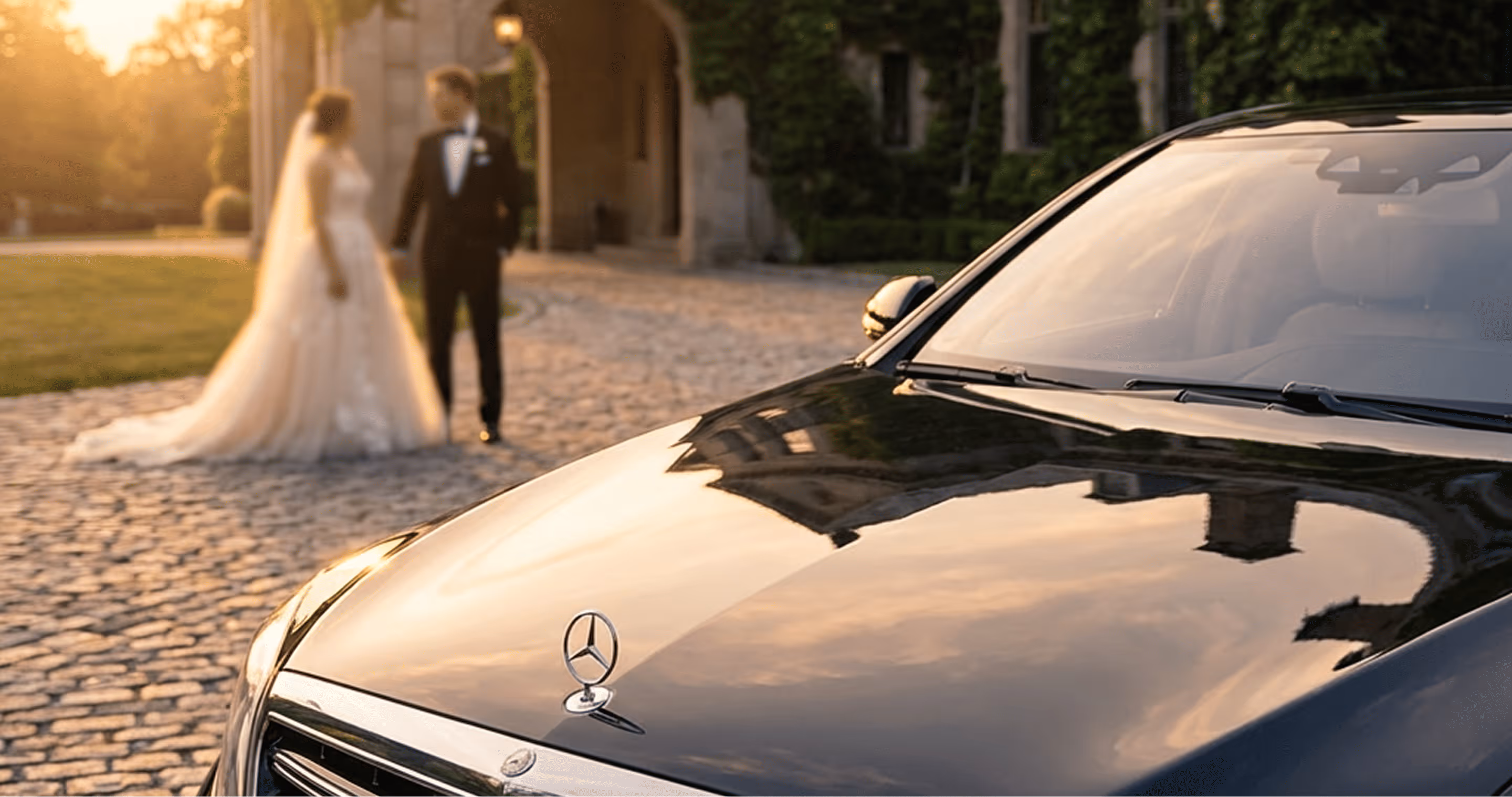 Black Mercedes hood ornament with out-of-focus bride and groom holding hands in background at sunset.