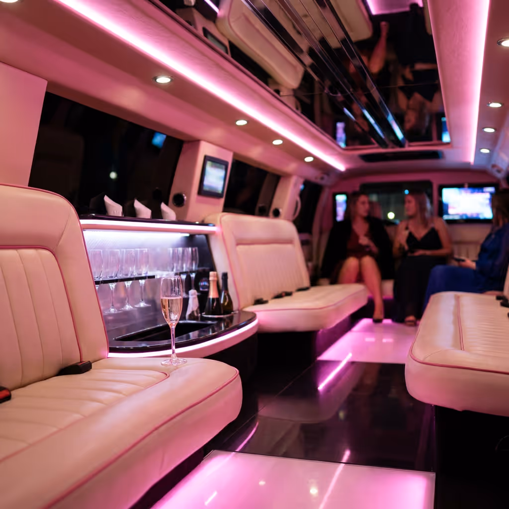 Interior of a limousine with pink ambient lighting, leather seats, and a champagne glass on a seat.