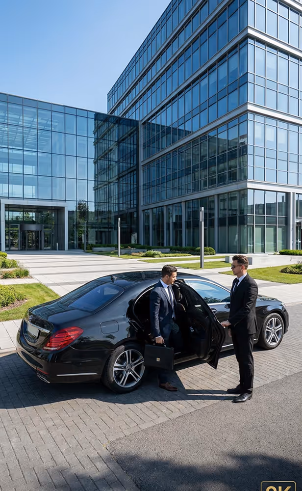 Man in business suit exiting black luxury car while another man holds the door in front of glass office building.